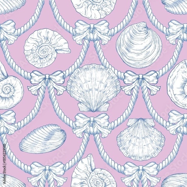 Fototapeta Seashell Seamless Pattern, Feminine Design, Elegant Scallop Shell Ocean Repeat, Nautical Digital Pattern