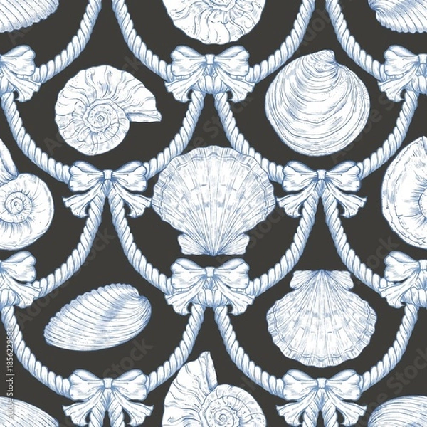 Fototapeta Seashell Seamless Pattern, Feminine Design, Elegant Scallop Shell Ocean Repeat, Nautical Digital Pattern