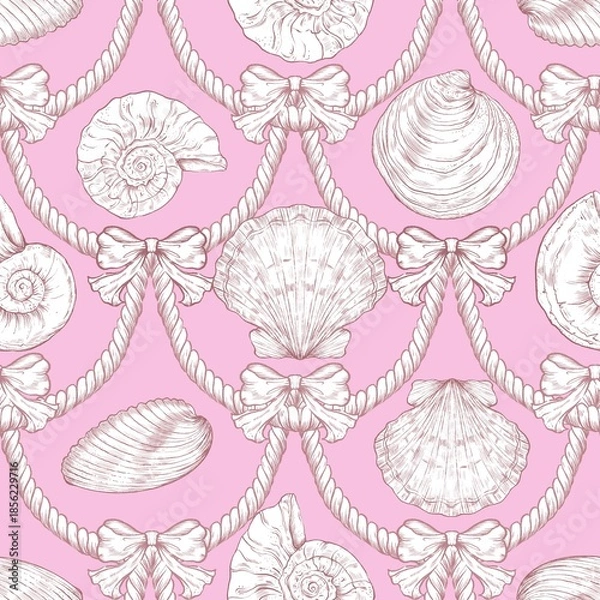 Fototapeta Seashell Seamless Pattern, Feminine Design, Elegant Scallop Shell Ocean Repeat, Nautical Digital Pattern