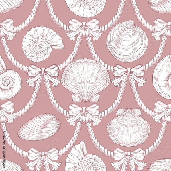 Fototapeta Seashell Seamless Pattern, Feminine Design, Elegant Scallop Shell Ocean Repeat, Nautical Digital Pattern