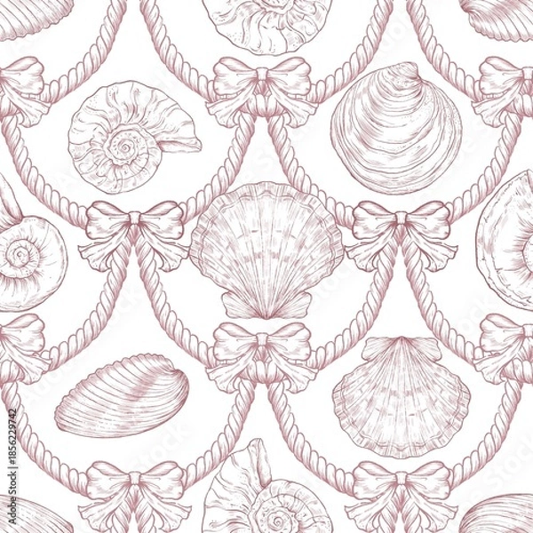Fototapeta Seashell Seamless Pattern, Feminine Design, Elegant Scallop Shell Ocean Repeat, Nautical Digital Pattern