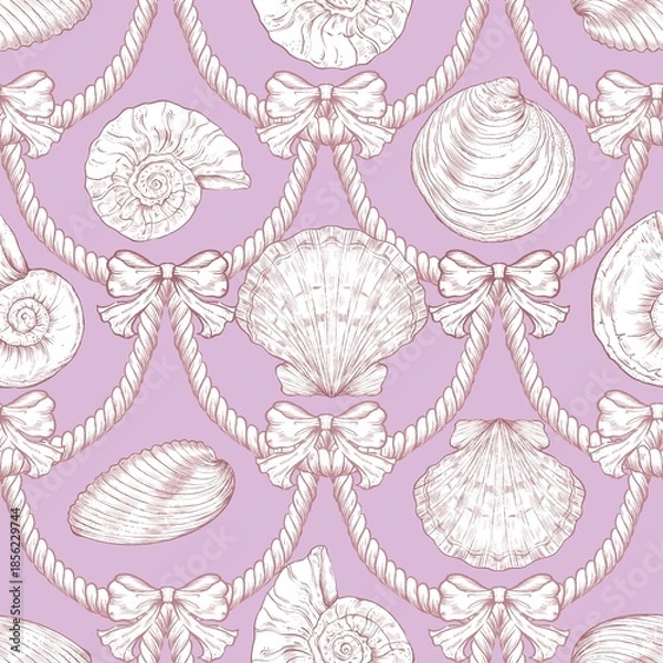 Fototapeta Seashell Seamless Pattern, Feminine Design, Elegant Scallop Shell Ocean Repeat, Nautical Digital Pattern