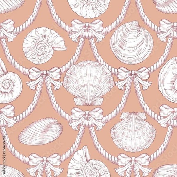 Fototapeta Seashell Seamless Pattern, Feminine Design, Elegant Scallop Shell Ocean Repeat, Nautical Digital Pattern