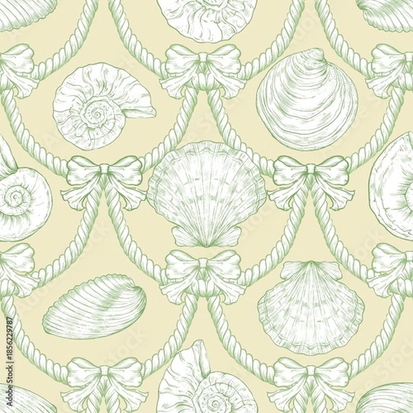 Fototapeta Seashell Seamless Pattern, Feminine Design, Elegant Scallop Shell Ocean Repeat, Nautical Digital Pattern