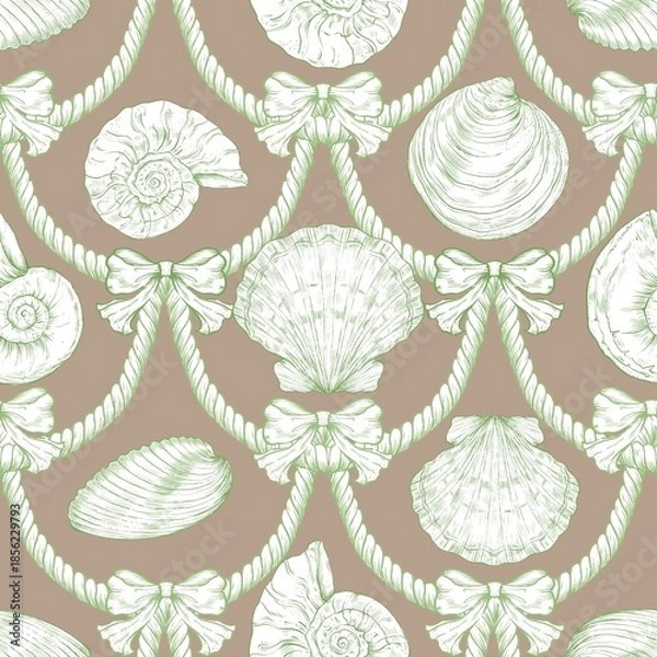 Fototapeta Seashell Seamless Pattern, Feminine Design, Elegant Scallop Shell Ocean Repeat, Nautical Digital Pattern