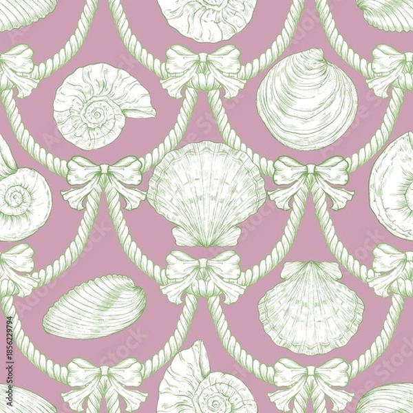 Obraz Seashell Seamless Pattern, Feminine Design, Elegant Scallop Shell Ocean Repeat, Nautical Digital Pattern
