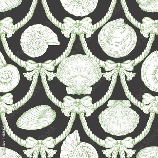 Fototapeta Seashell Seamless Pattern, Feminine Design, Elegant Scallop Shell Ocean Repeat, Nautical Digital Pattern
