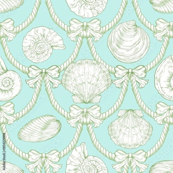 Fototapeta Seashell Seamless Pattern, Feminine Design, Elegant Scallop Shell Ocean Repeat, Nautical Digital Pattern