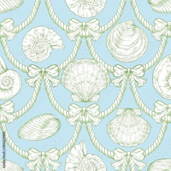Fototapeta Seashell Seamless Pattern, Feminine Design, Elegant Scallop Shell Ocean Repeat, Nautical Digital Pattern