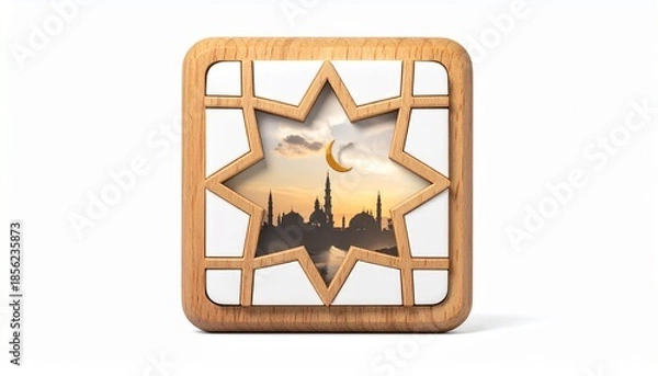 Obraz Wooden Frame Featuring Star and Moon Silhouette Against Sunset Sky with Cityscape