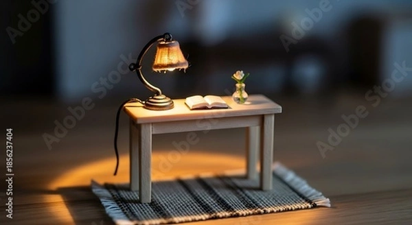 Obraz Intimate miniature study scene with glowing lamp and tiny book