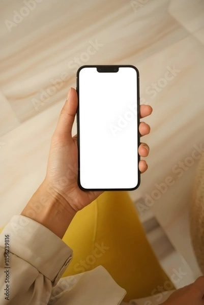 Obraz A person holding a smartphone with a blank white screen.