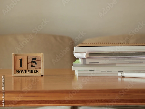 Obraz 家のリビングの机の上にあるノートブックと木製のカレンダーの様子