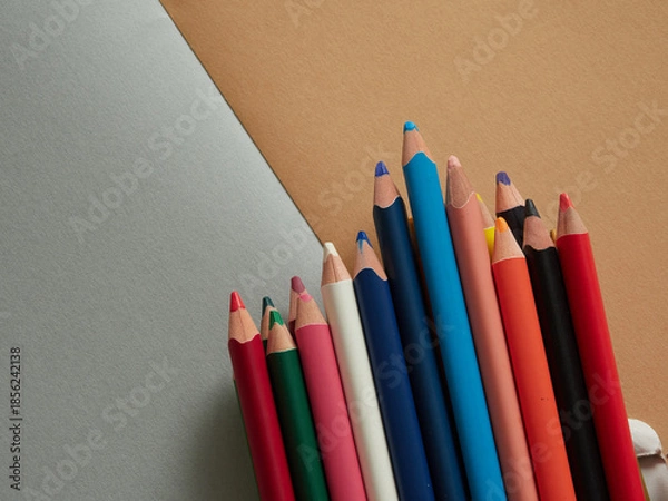 Obraz 色画用紙の上にあるたくさんのカラフルな色鉛筆の様子