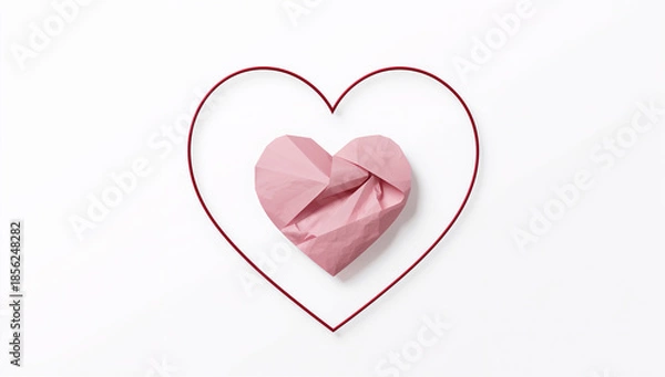 Obraz 結婚式の招待状に合う連続線ハートの縁取りと紙ハート 白背景の装飾素材.生成AI