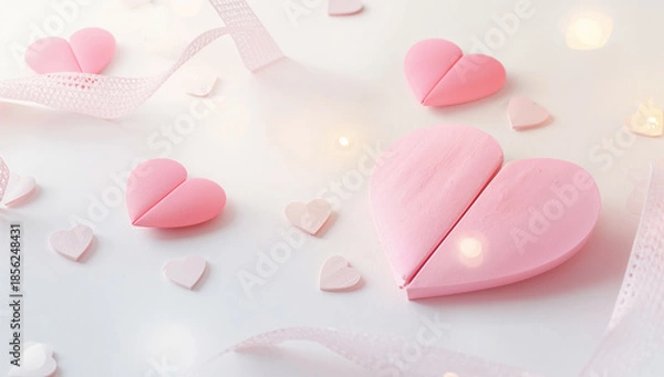 Obraz ハートの縁取りを連続線で表現した白背景デザイン リアル紙ハート付き.生成AI