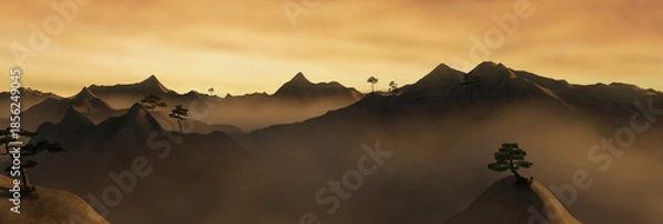 Fototapeta 3D Rendering of wide mountain landscape covered by fog veil