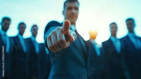 Obraz Businessman in focus pointing forward with a group of colleagues in the background
