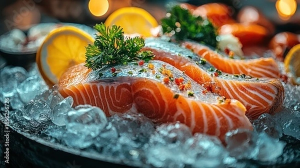 Obraz Raw salmon fillets sit atop ice, garnished with lemon slices and parsley, ready to serve