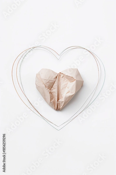 Obraz 招待状や案内状に使える連続線ハート枠と紙ハートの白背景. 生成AI