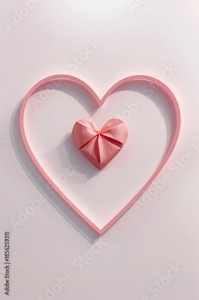 Obraz 招待状の表紙に使える連続線ハートフレームと紙ハートのシンプル構図. 生成AI