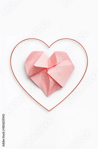 Obraz 余計な要素を省いた一筆書きハートボーダーと紙ハートの白デザイン. 生成AI