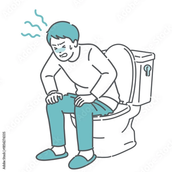 Obraz トイレでいきむ・お腹を押さえて苦しむ男性のイラスト（便秘・下痢・腹痛）