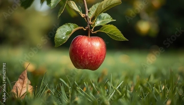 Obraz Sharp focus on a single red apple falling from a branch onto green grass