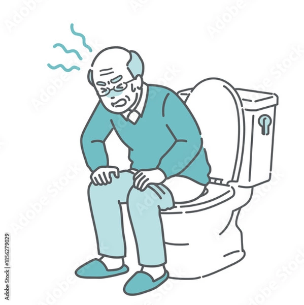 Obraz トイレでいきむ・お腹を押さえて苦しむ高齢男性のイラスト（便秘・下痢・腹痛）
