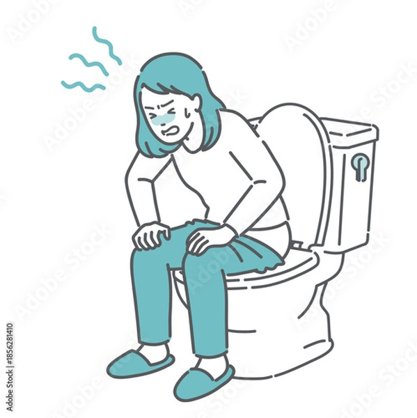 Obraz トイレでいきむ・お腹を押さえて苦しむ女性のイラスト（便秘・下痢・腹痛・生理痛）