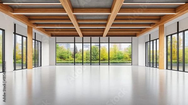 Fototapeta Modern empty office with wooden beams, large windows, natural light, and city park view