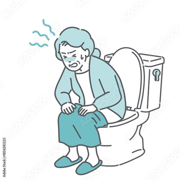 Obraz トイレでいきむ・お腹を押さえて苦しむ高齢女性のイラスト（便秘・下痢・腹痛・ヒートショック）