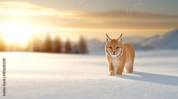 Fototapeta Lynx snow winter wildcat sunrise walking nature forest mountain