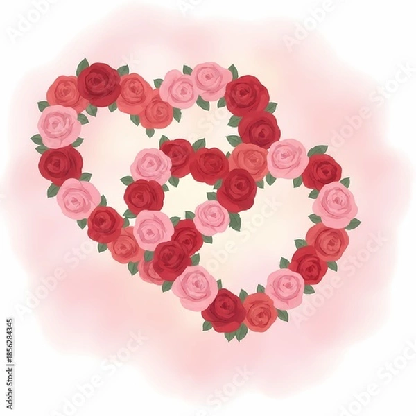 Obraz Interlocking heart shapes are formed by red and pink roses creating a floral wreath. 