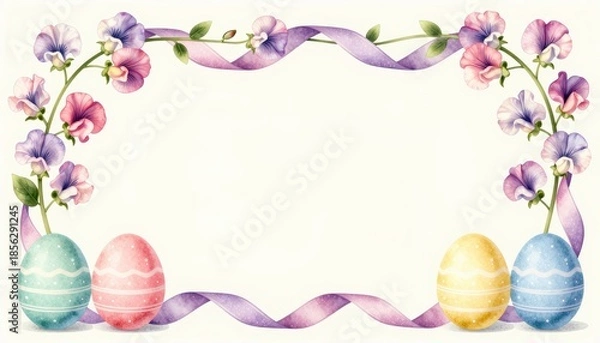 Obraz Decorative Easter Egg Design with Pastel Colors and Floral Elements Framing Empty Space