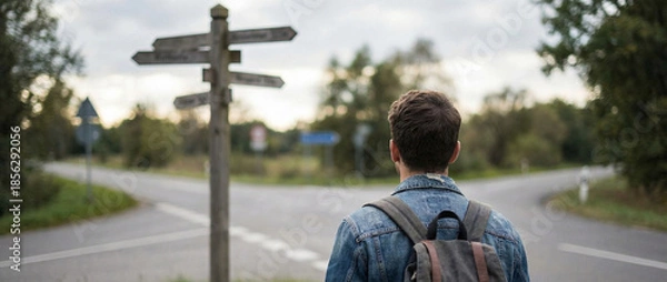 Obraz Crossroads decision making man standing at junction with multiple directional signs