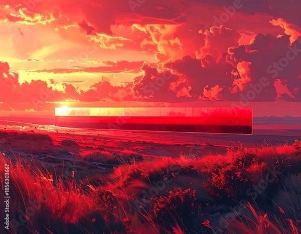 Obraz Surreal landscape with a large, glowing, rectangular structure at sunset