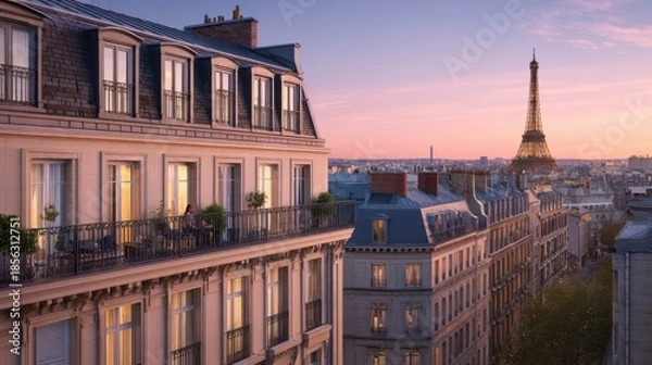 Obraz Paris at blue hour: a Haussmann apartment facade in creamy limestone with a black zinc mansard roof and chimney pots; warm glowing windows
