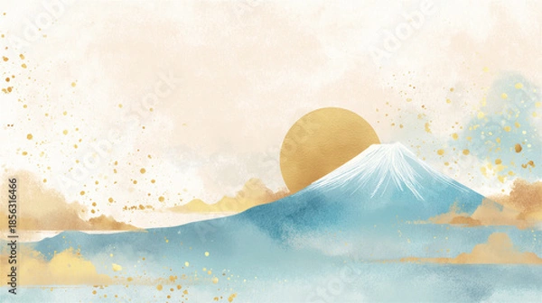 Obraz 鮮やかな水彩風の富士山と初日の出