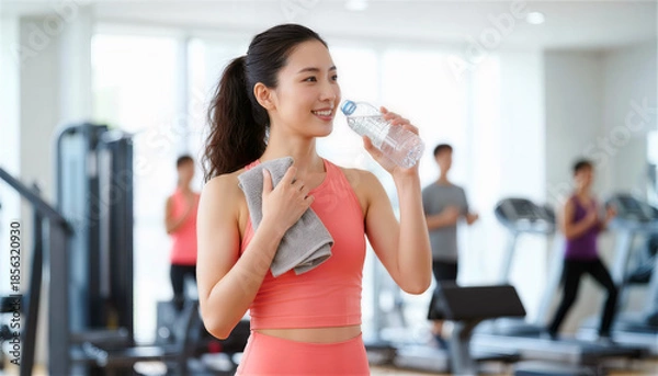 Obraz ジムでのトレーニングの合間に水分補給をする日本人女性