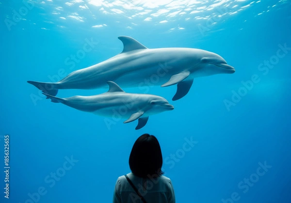 Obraz 幻想的な水族館で、女性が見上げるイルカの親子