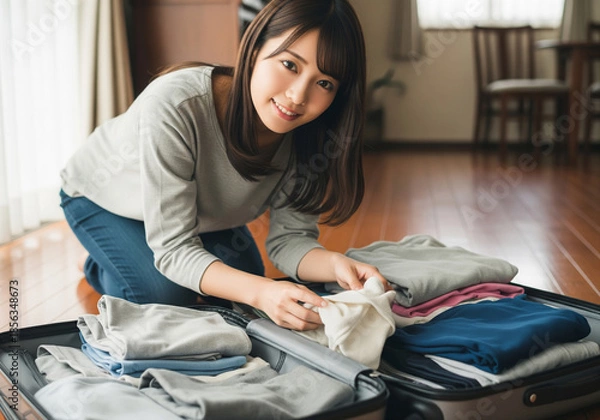 Obraz 旅行の準備でスーツケースに服を詰めて微笑む女性