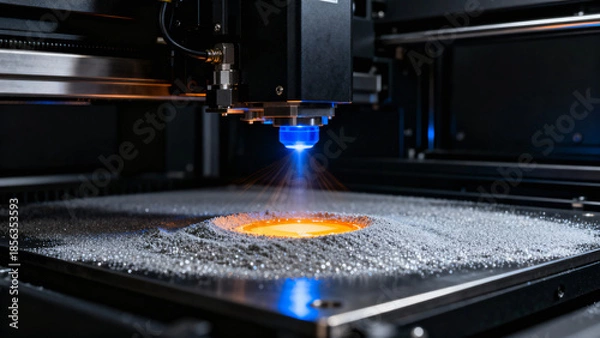 Obraz Laser Cutting Machine with Blue Light Sparks Creates Precision Design on Material Surface