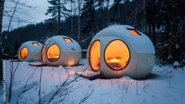 Fototapeta Futuristic Snowy Cabin Pods Warmly Lit in Forest Winter Scene