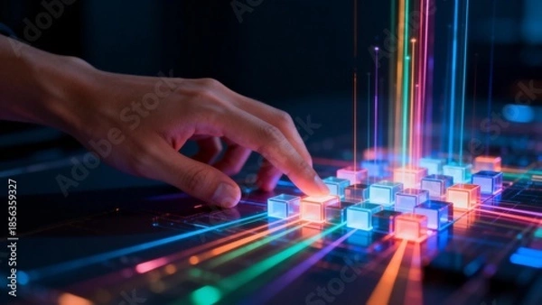 Fototapeta Hand interacting with glowing cubes
