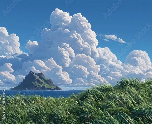 Obraz A soft-colored animation landscape filled with calm breezes and drifting clouds