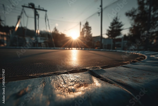 Obraz Trampoline surface at sunset in park with sunlight reflections