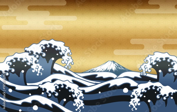 Obraz 浮世絵風の波と富士山、ゴールド和風背景