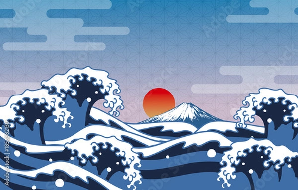Obraz 浮世絵風の波と富士山、初日の出の和風背景