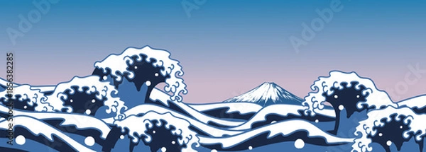 Obraz 浮世絵風の波と富士山の和風背景　横長